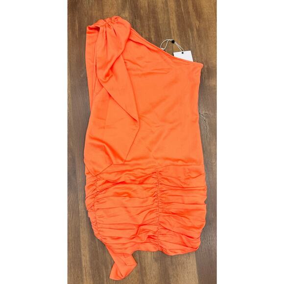 L’Academie One Shoulder Satin Mini Dress in Coral Orange XS NEW - Picture 2 of 8